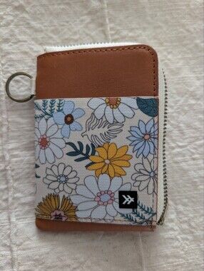 Thread Wallet  Leather Floral Zip Card & Key Wallet with Tan Leather Trim.